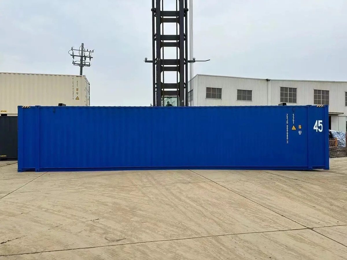45ft High Cube Shipping Container – New, Extended Storage – full side view of blue container in industrial yard