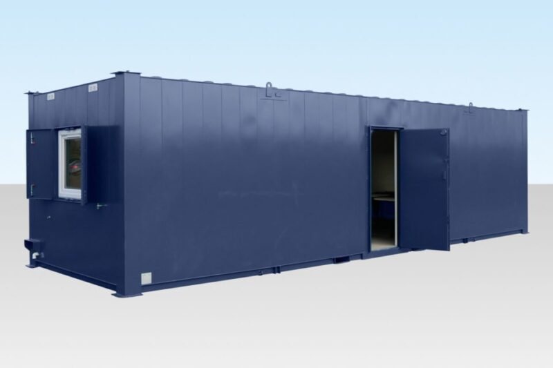 32 ft ECOlink Drying Room Cabin – Blue – Wide angle shot of a large blue metal modular cabin with open door