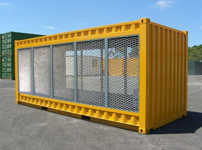 20 ft Gas Cylinder Storage Container – Yellow – Rear three-quarter view of the yellow container unit showing solid metal walls