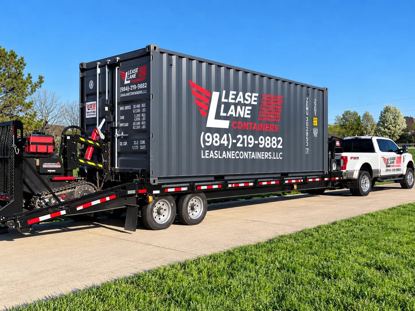 Lease Lane Containers white delivery truck towing a branded charcoal 20ft shipping container on a trailer