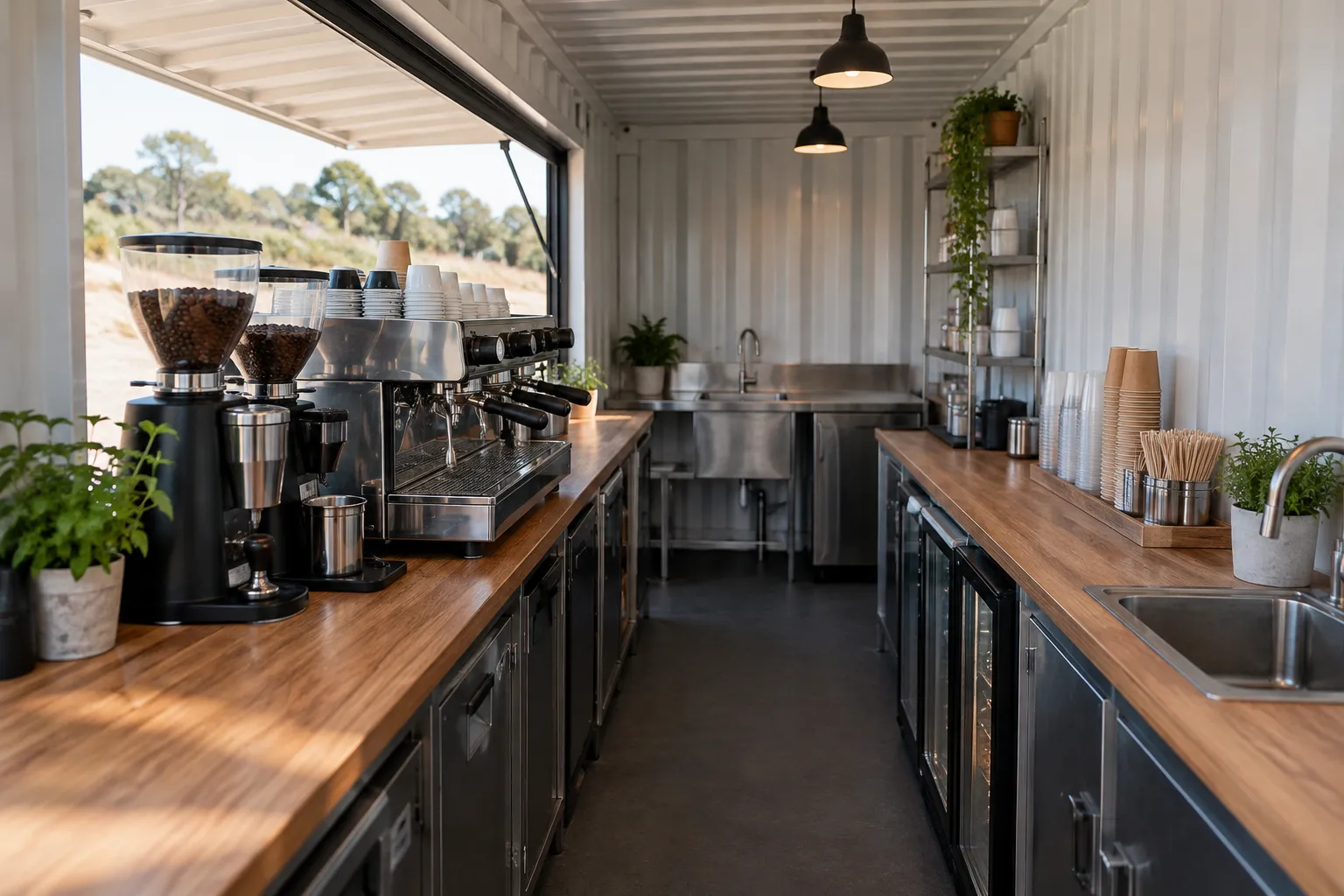Container cafe equipment package arranged along counters with a clear central working aisle