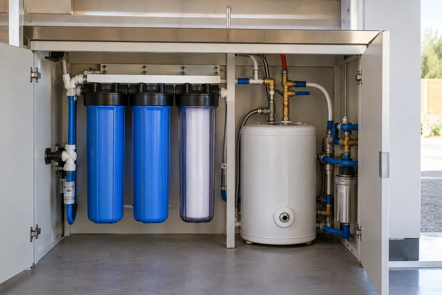 Container coffee shop plumbing requirements illustrated by accessible filtration and water heater connections