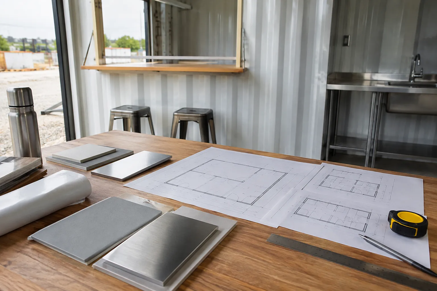 Prefab container coffee shop drawings and finish samples prepared for purchase scope review