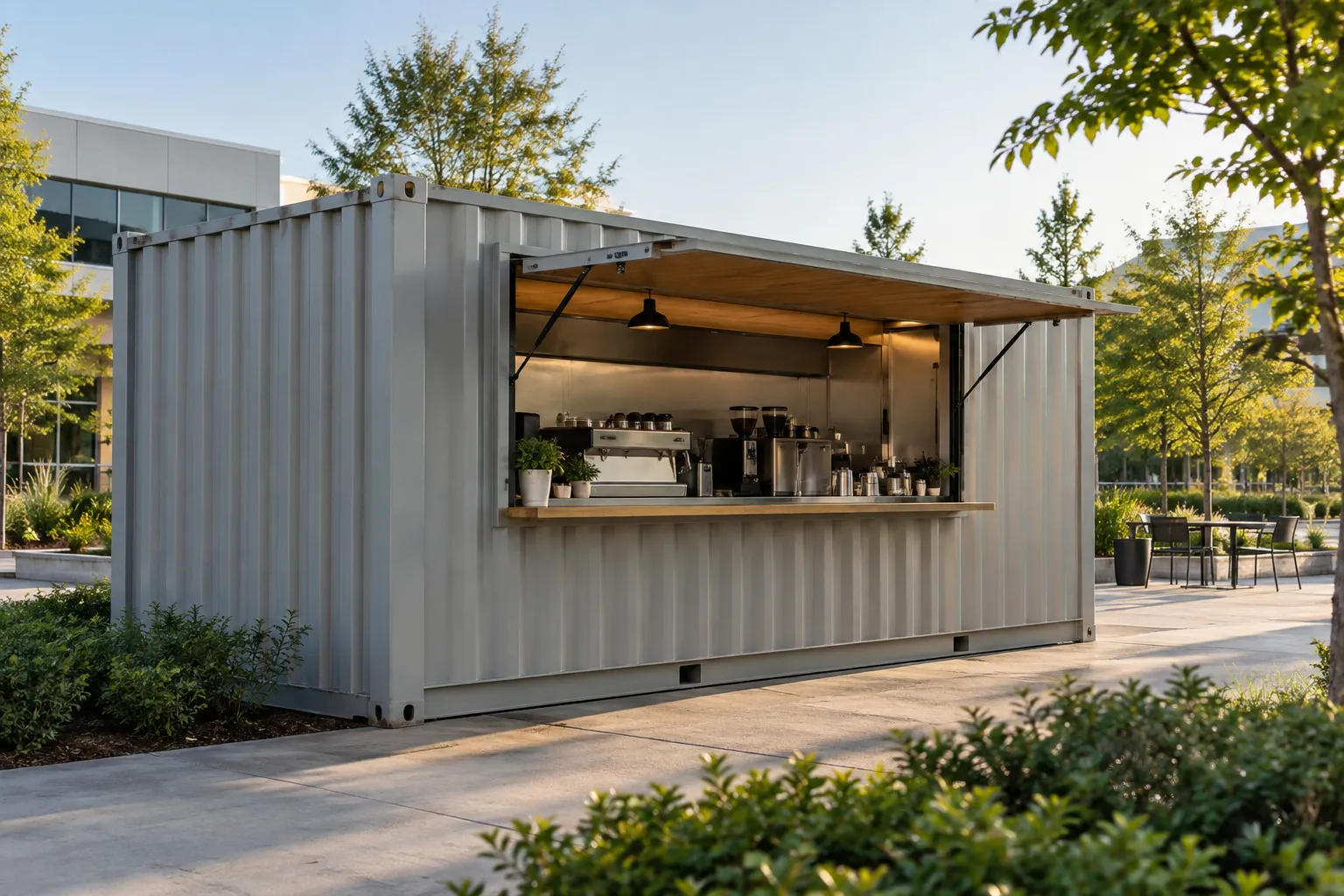 20ft shipping container coffee shop for sale with open hatch beside landscaped plaza