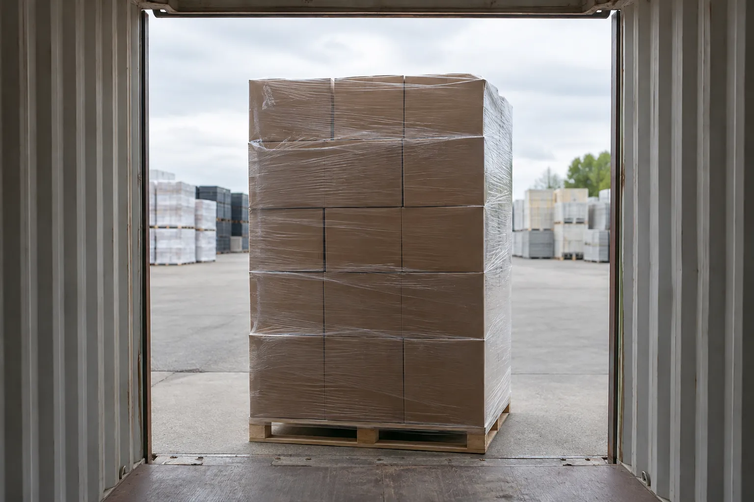 Tall pallet beside a high cube container door opening shows overhead clearance