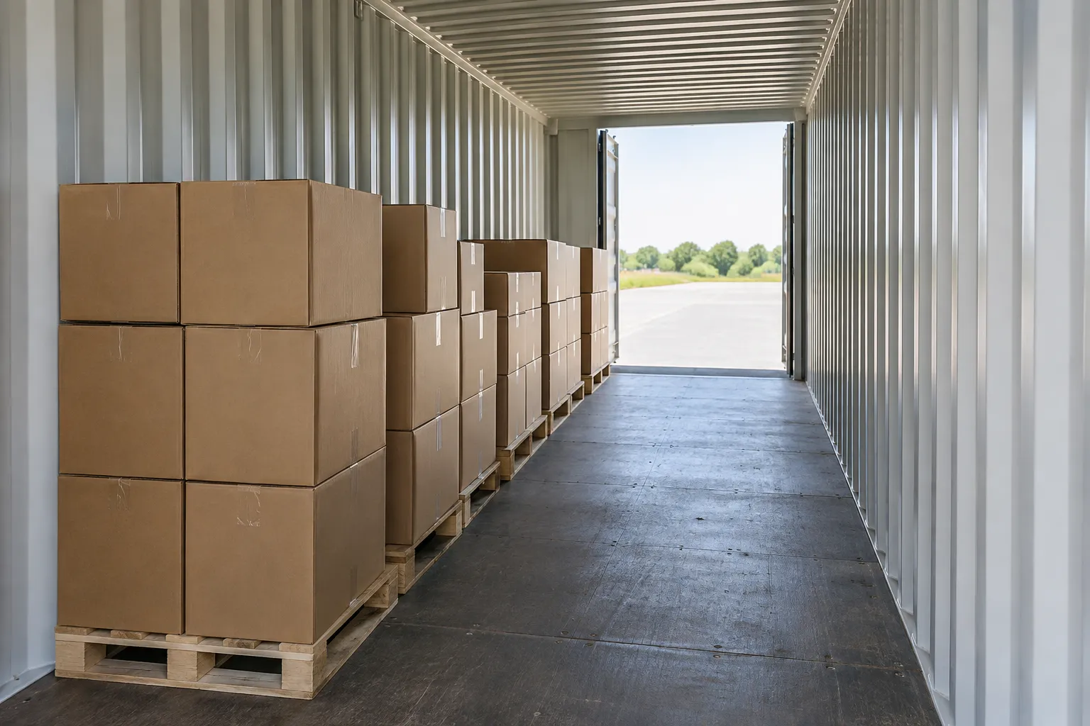 Shipping container pallet layout with one storage row and an open access aisle