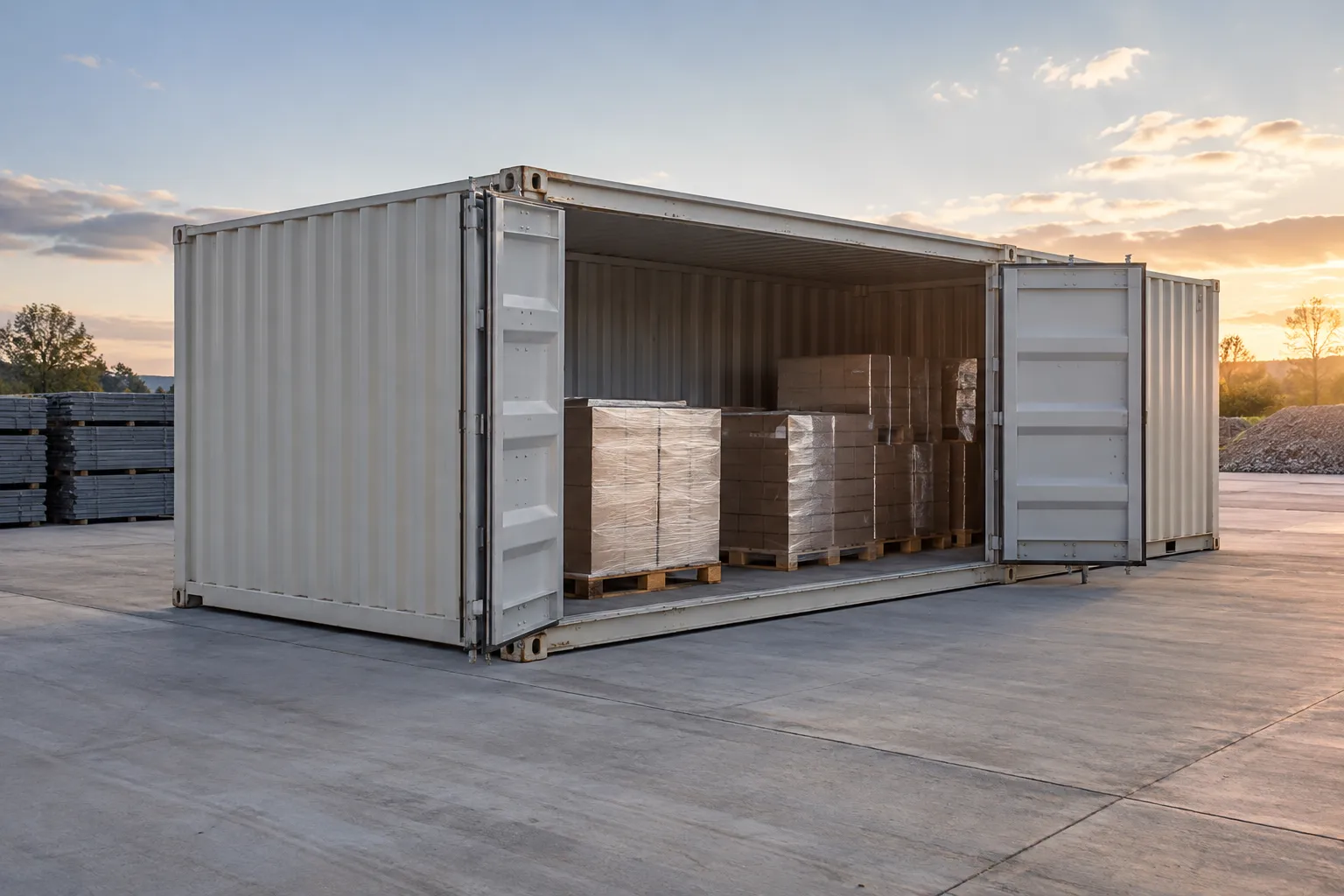 Open-side container exposes pallet storage positions directly to the outdoor loading area