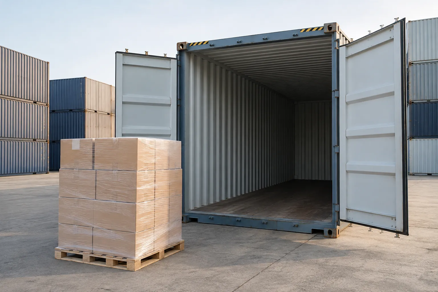 Open 40ft high cube container for sale for pallet storage beside wrapped cartons