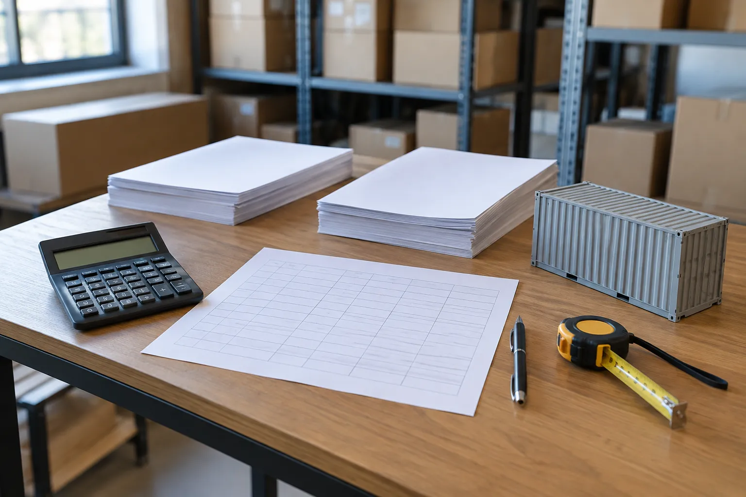 Calculator and quote documents beside a shipping container model for retail storage budgeting.
