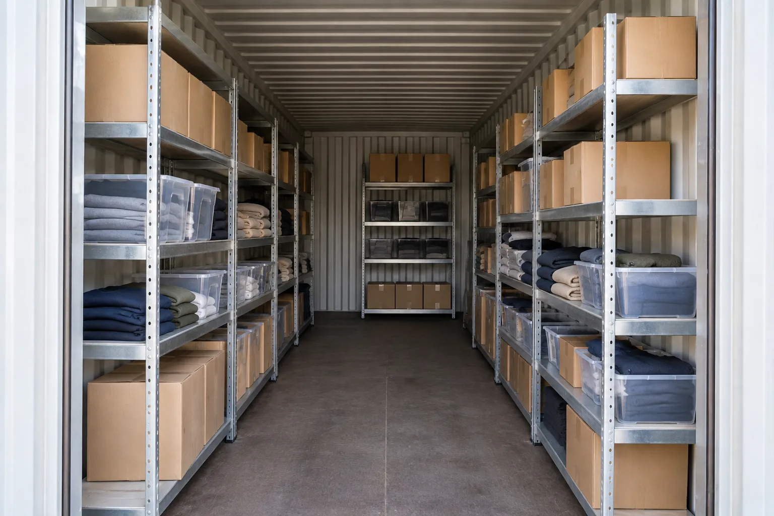 Shipping container shelving holds retail inventory beside a clear aisle for frequent stock picking.