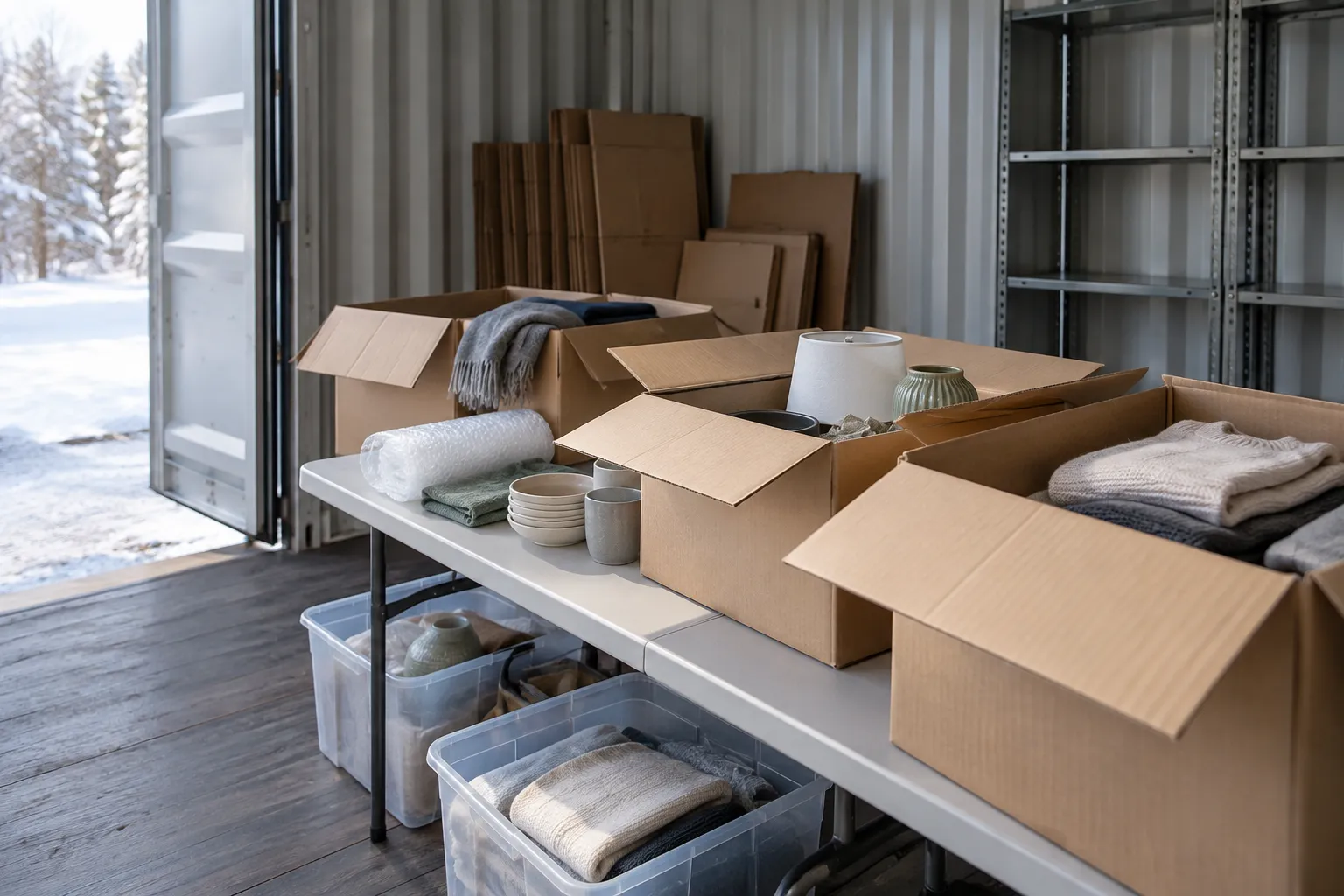 January retail returns await sorting on a worktable inside a shipping container.
