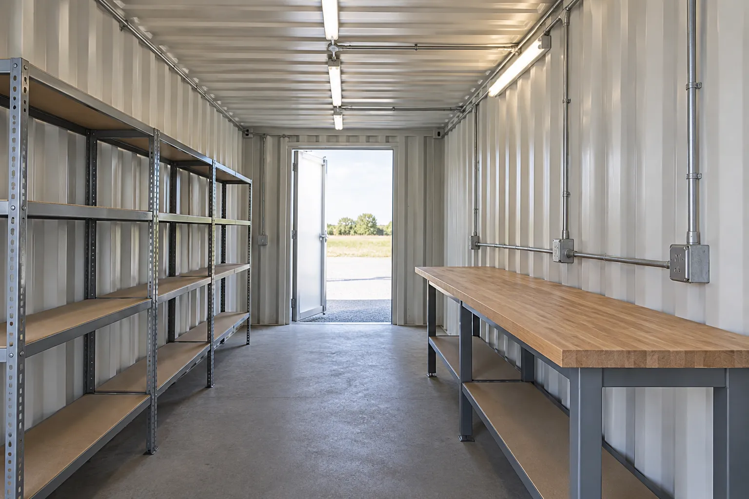 Modified shipping container workshop with shelving and electrical additions to itemize