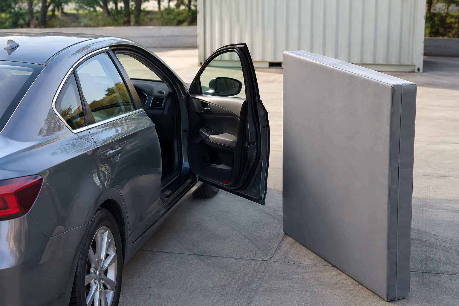 Stationary car door beside soft markers testing shipping container car door clearance.