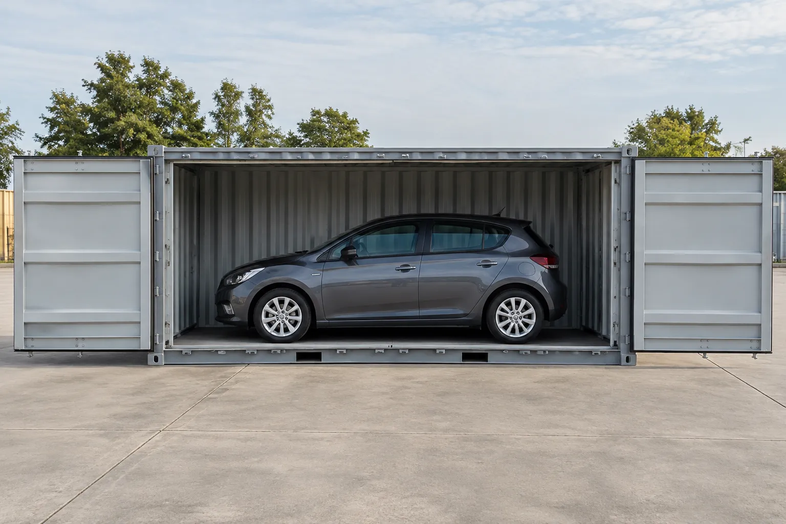 Open side container for car storage with clear access beside parked vehicle.