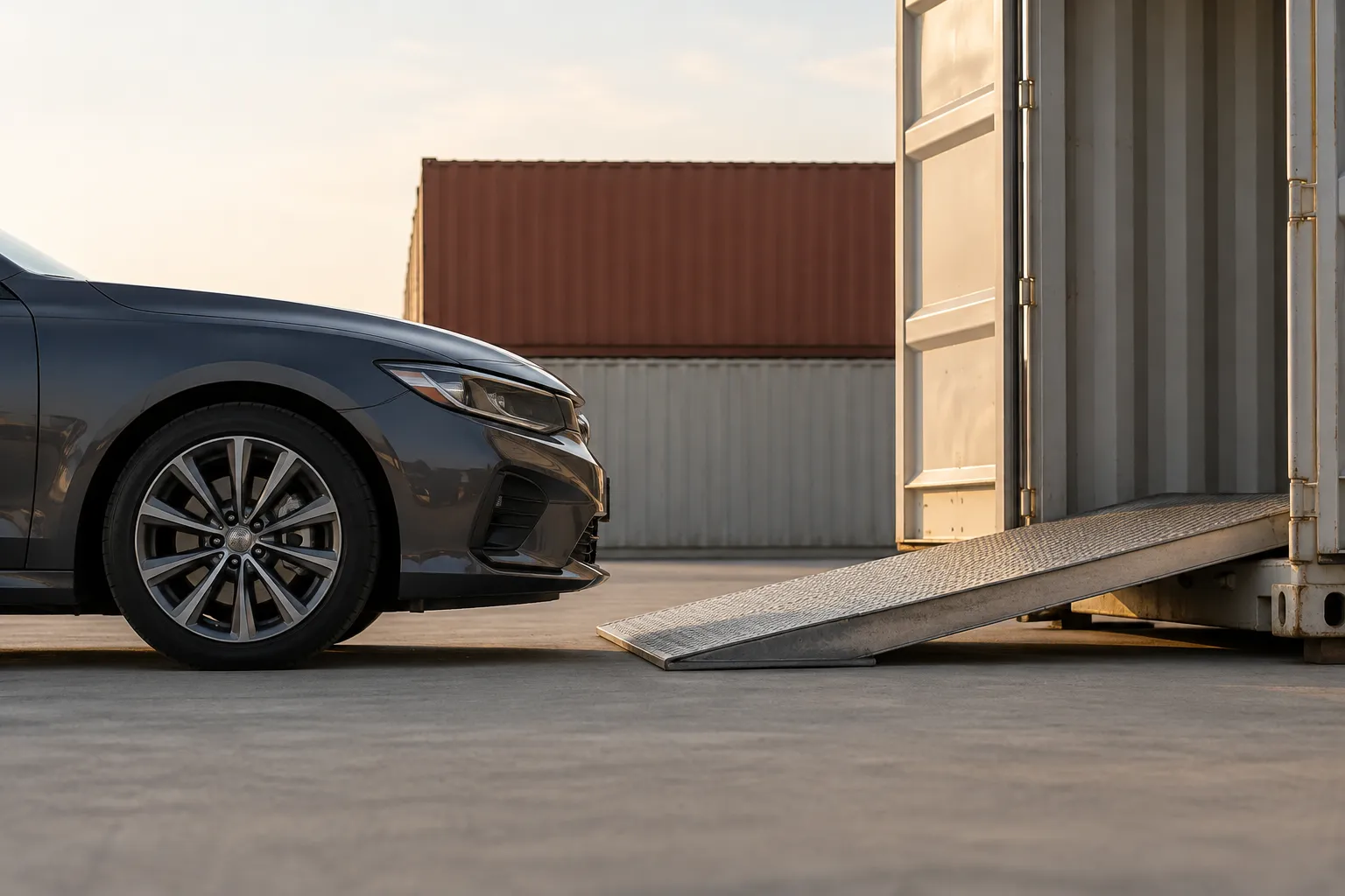 Shipping container vehicle loading ramp showing threshold transition and low bumper clearance.