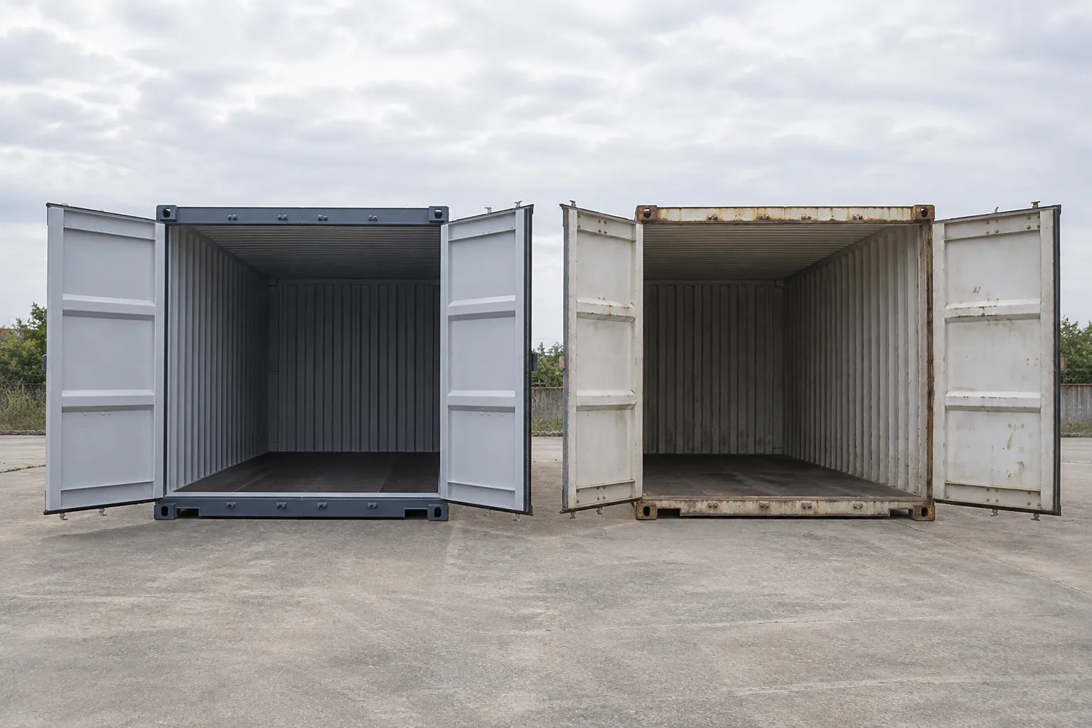 One-trip and used shipping containers standing open for export candidate comparison