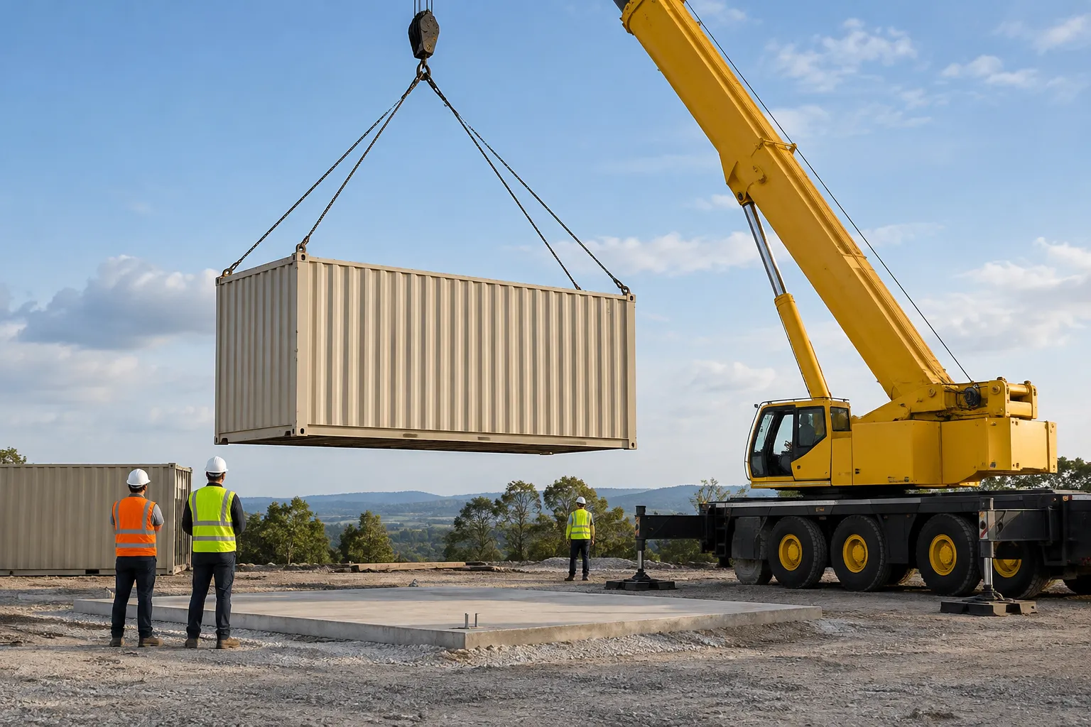 Crane placing a shipping container at a prepared export loading site