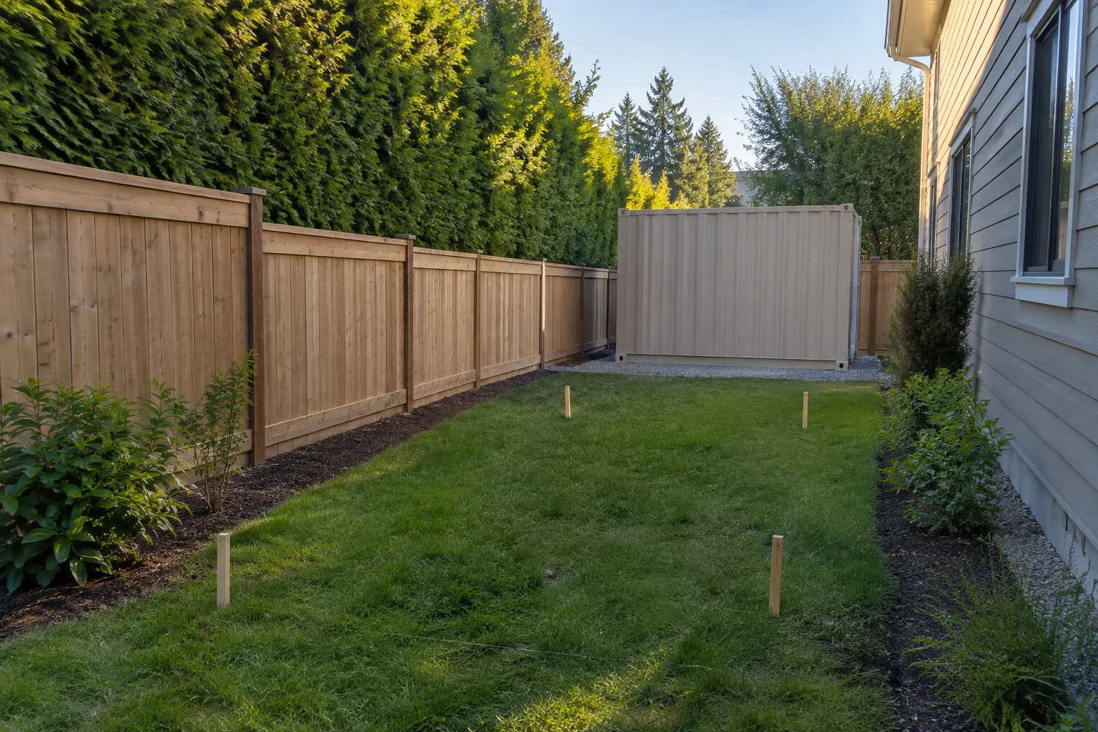 Proposed permanent storage container location marked near fencing and landscape screening
