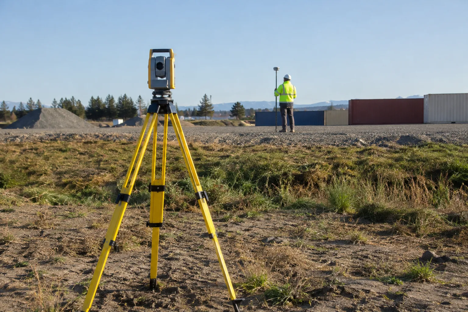 Survey equipment comparing ground elevations for shipping container flood zone requirements