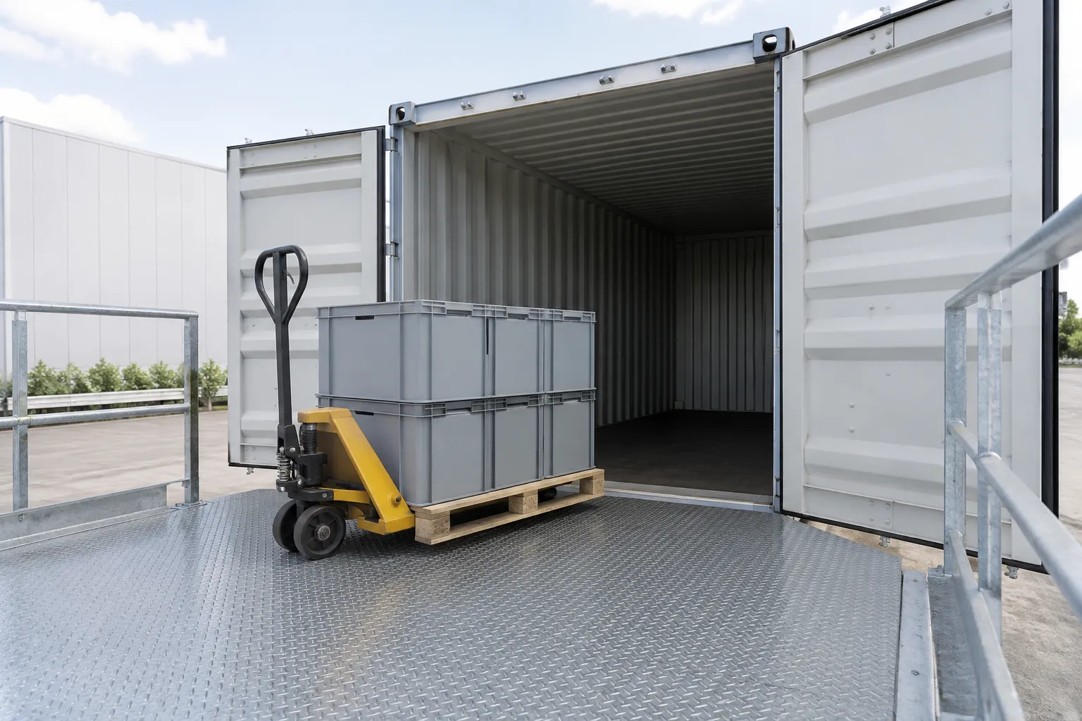 Elevated shipping container storage with a level loading platform and pallet jack