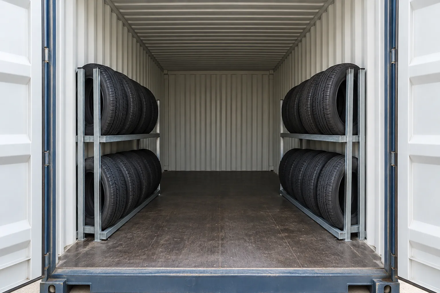 Shipping container tire rack layout with two side racks and clear center aisle