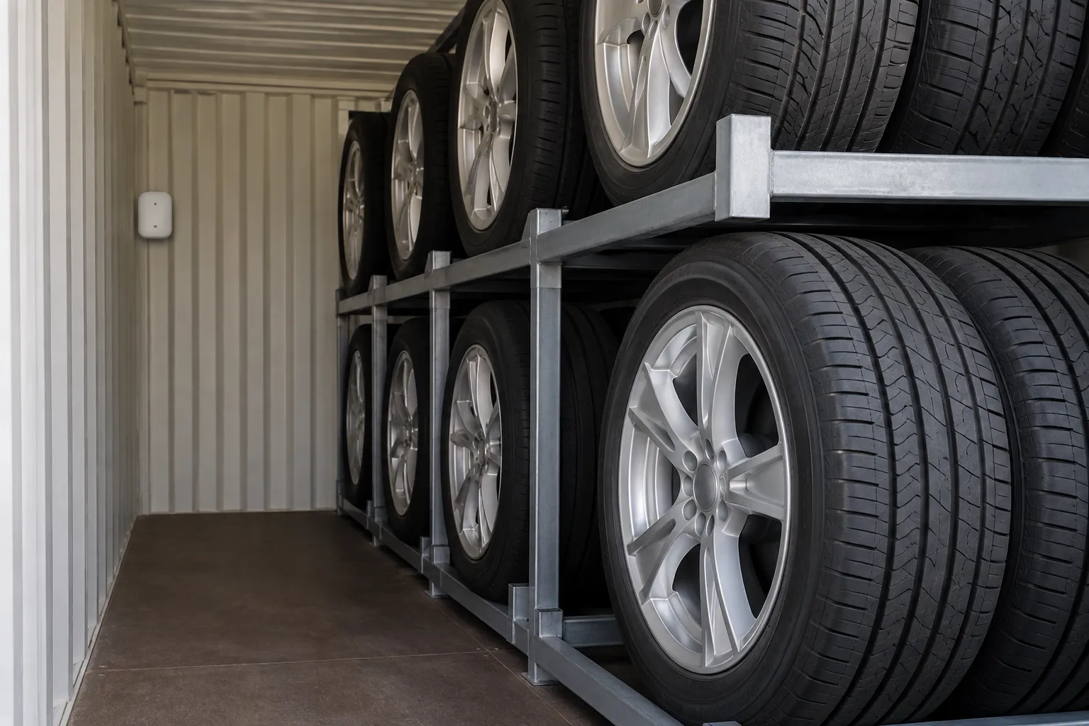 Clean mounted wheel sets inside an insulated tire storage container
