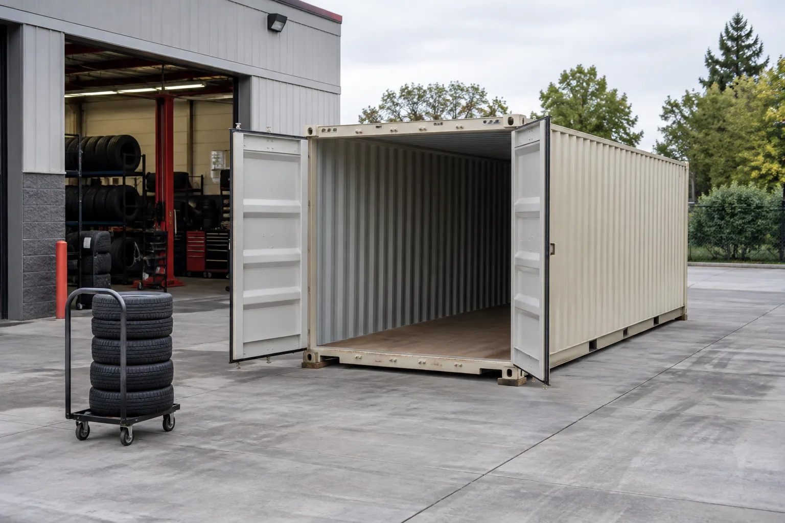 Tire shop container placement area with clear door access and prepared supports