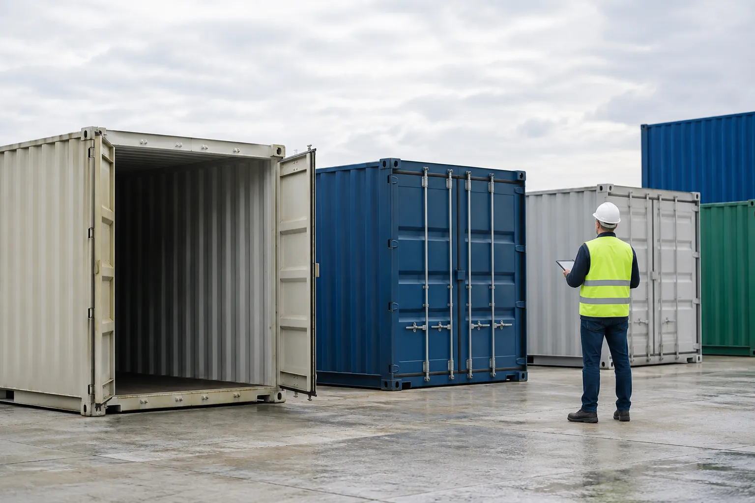 Distant buyer documents container inventory evidence among plain steel storage units.