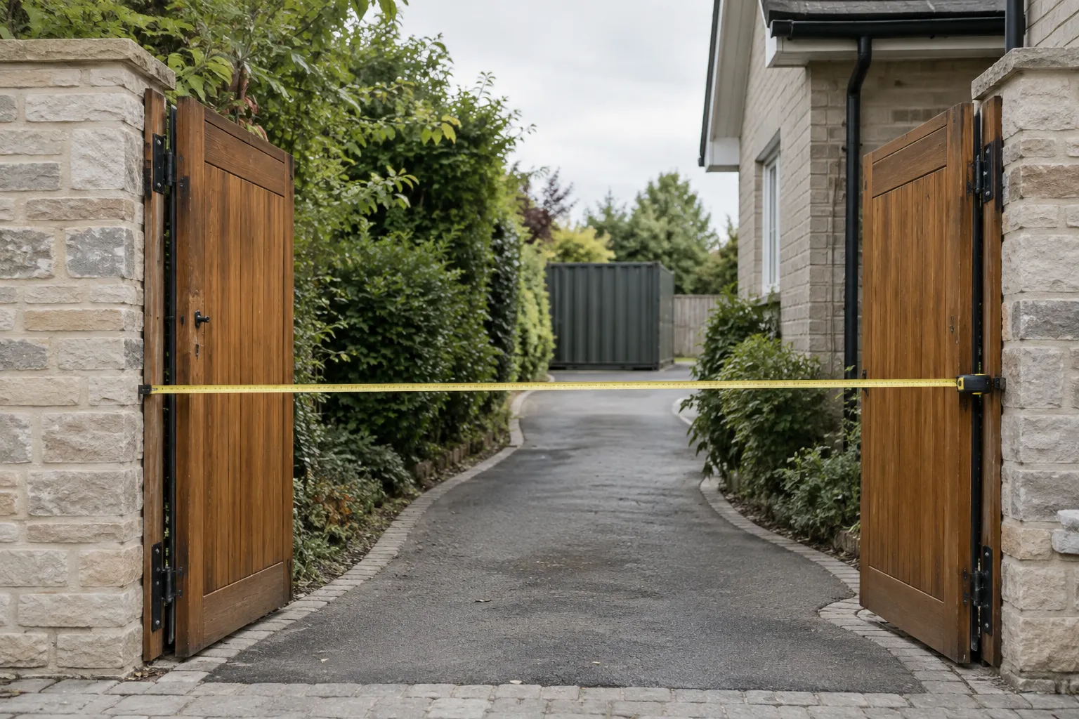Narrow driveway and open gate showing shipping container delivery access requirements