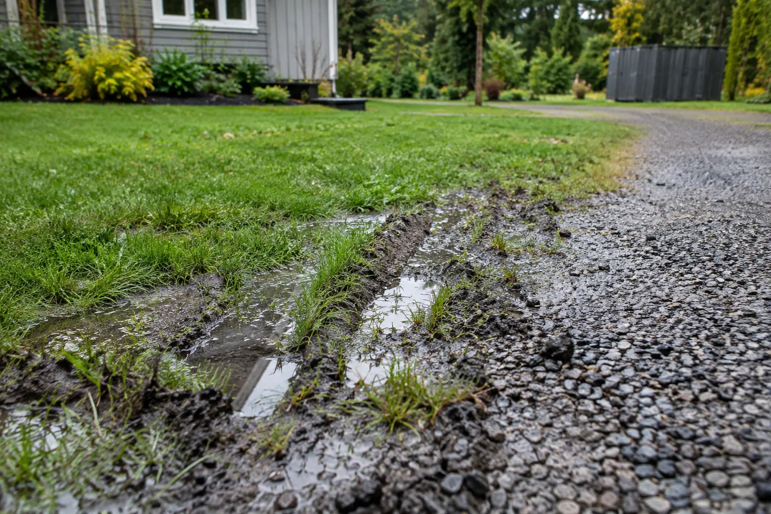 Waterlogged lawn beside gravel driveway complicating shipping container delivery on soft ground