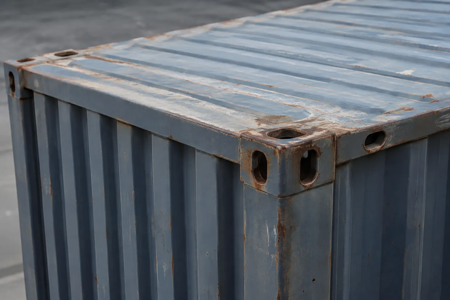 Used container corner casting and rails requiring review as shipping container canopy supports.