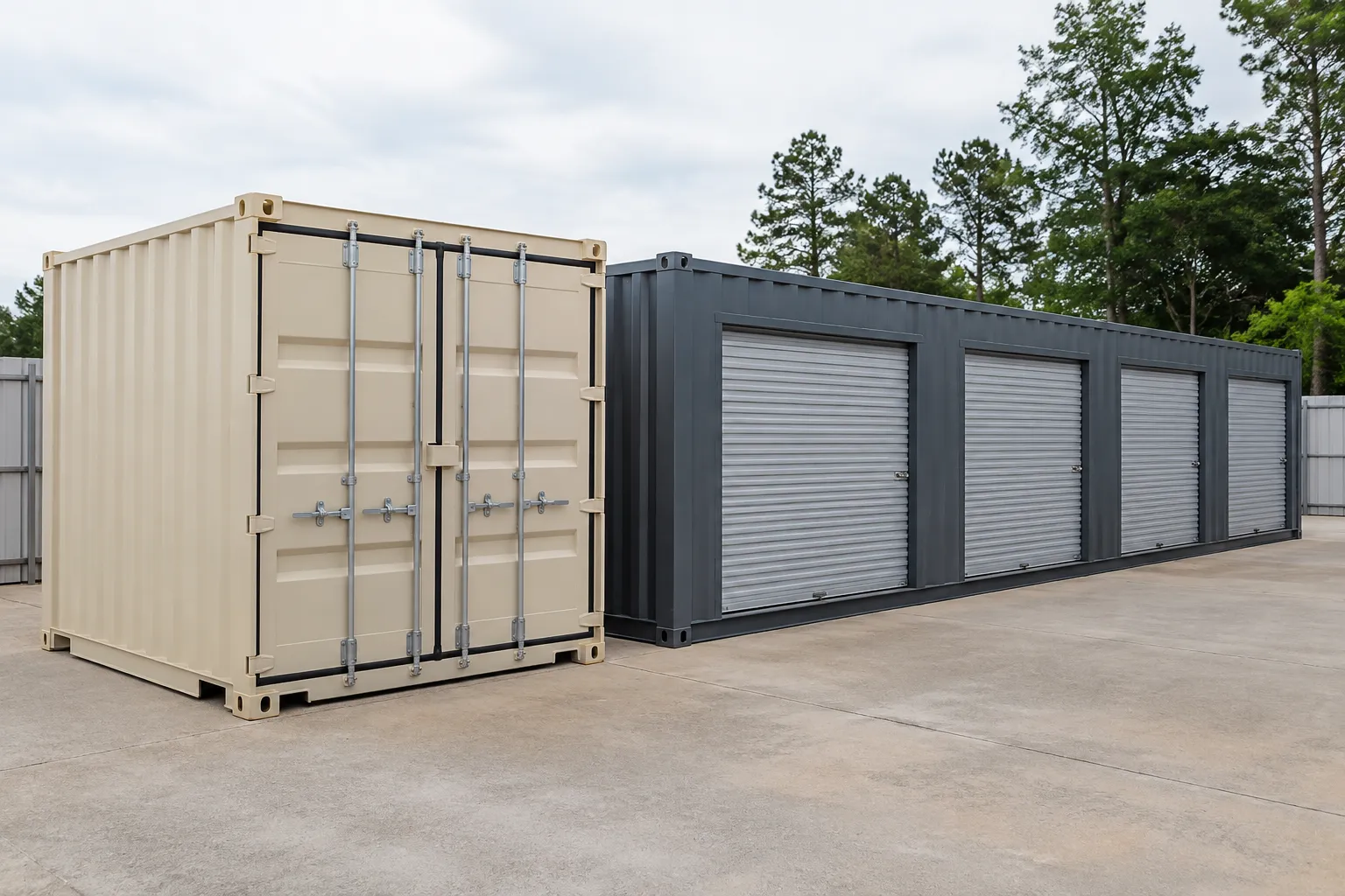 Separate containers and divided storage bays illustrate a self storage unit mix