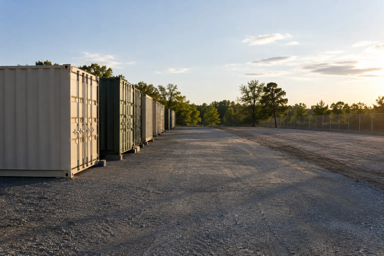 Open expansion space beside containers supports phased shipping container storage facility expansion