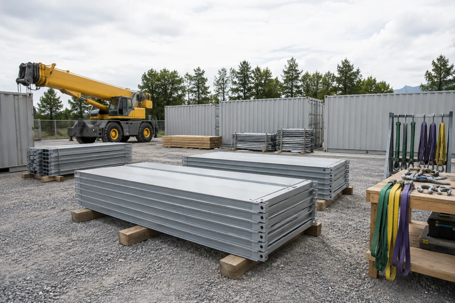 Flat-pack container panels staged beside lifting equipment and organized assembly tools