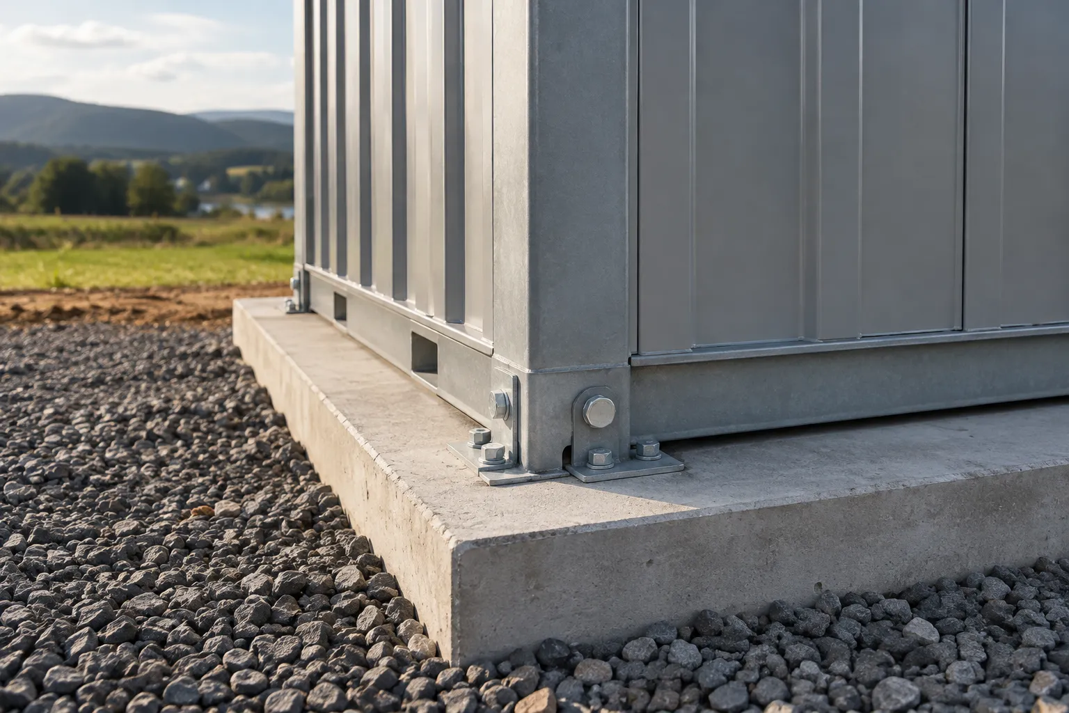 Storage container base connection illustrating site-specific foundation and anchoring requirements