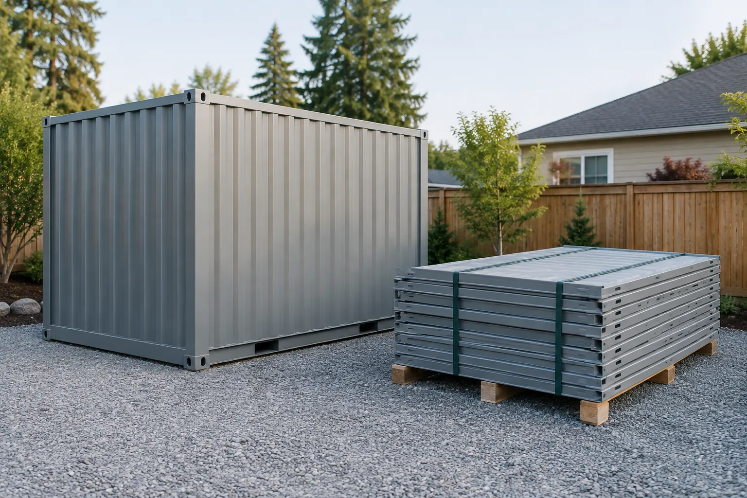 Flat pack storage container for sale components beside a ready-built gray storage unit