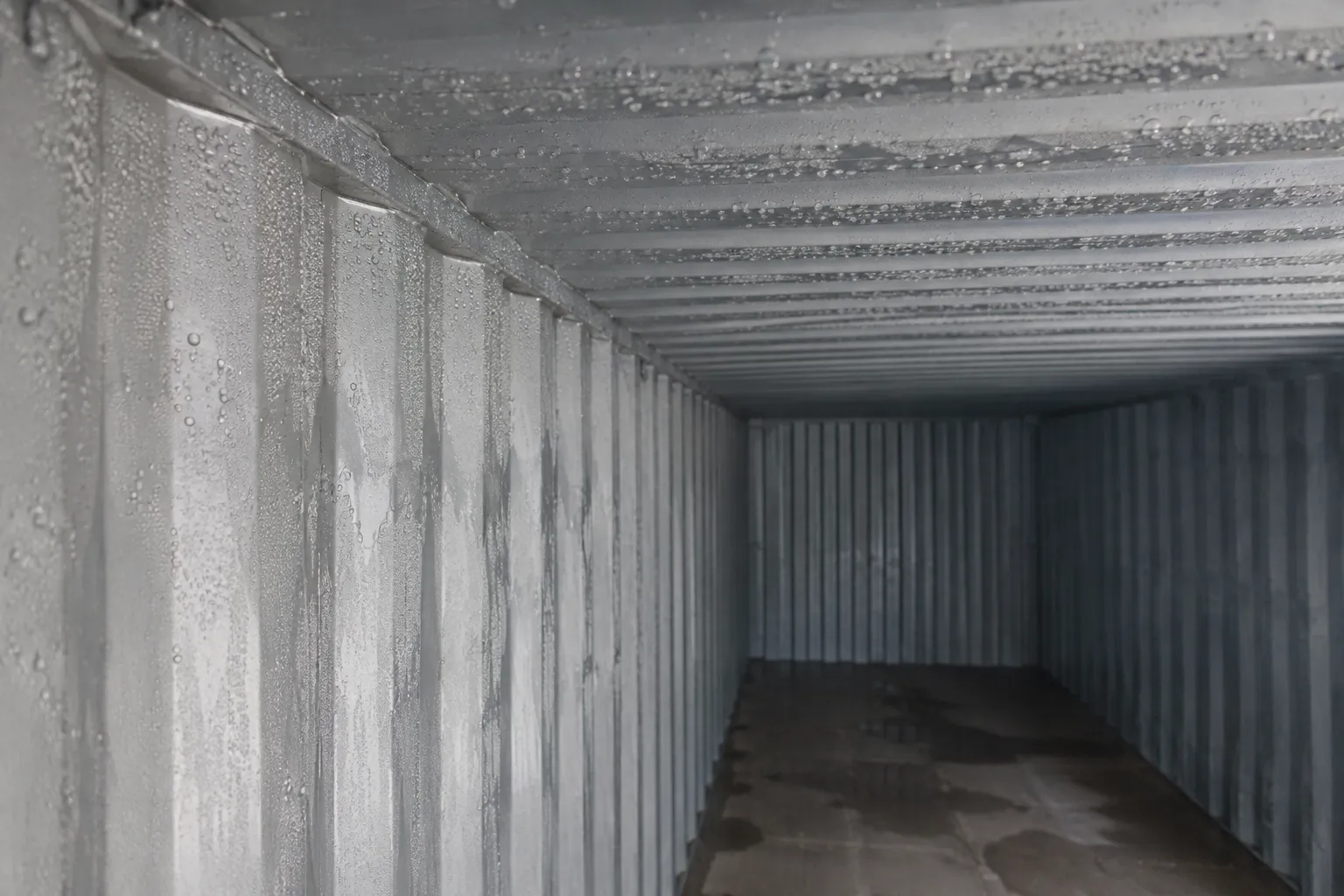 Condensation droplets collect on the corrugated steel ceiling inside an uninsulated shipping container.