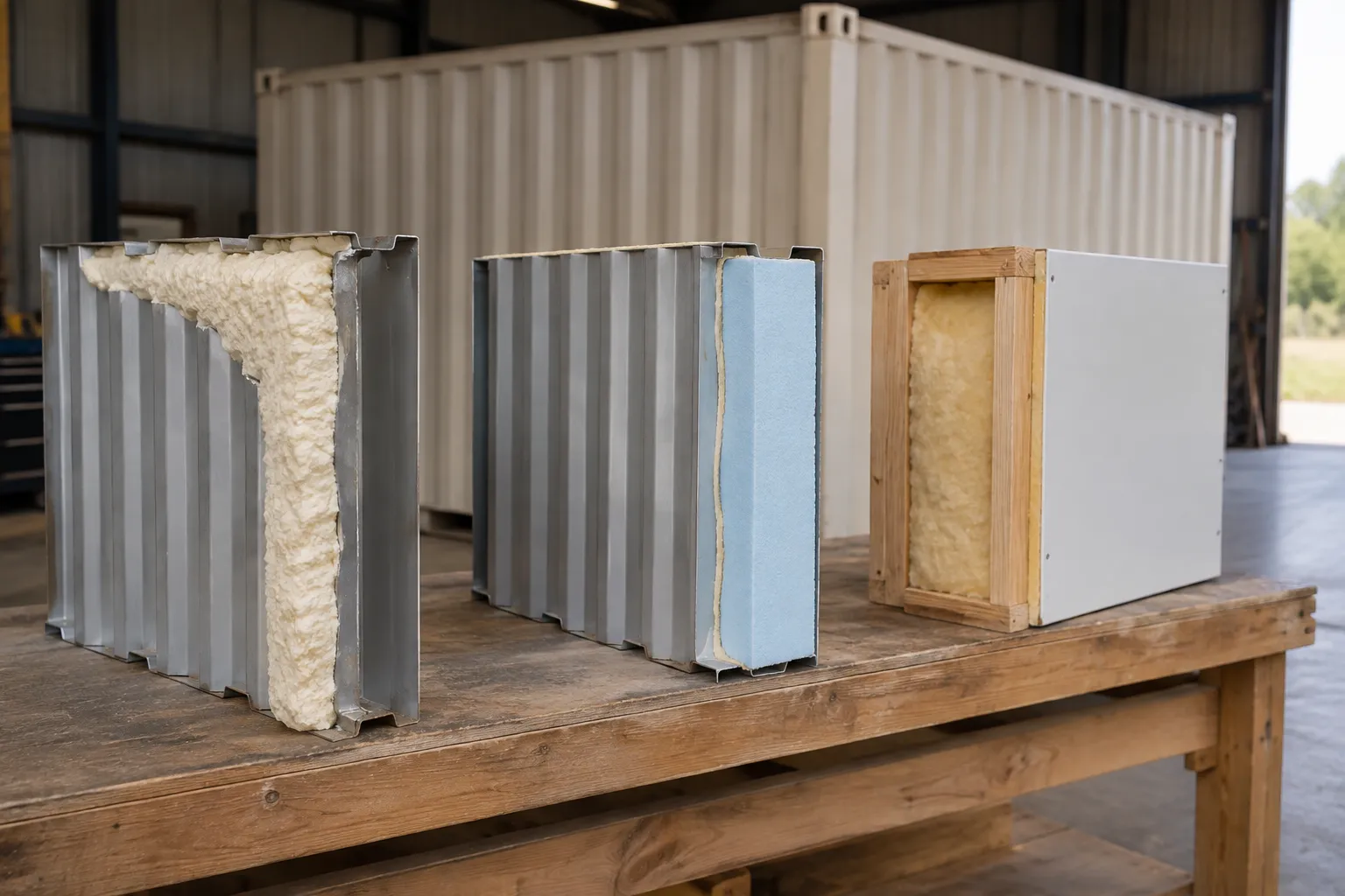 Shipping container insulation samples show spray foam, rigid panels and a protective lined assembly.
