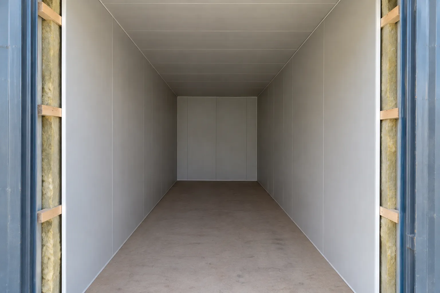 Exposed doorway layers show how shipping container insulation and lining reduce usable interior width.