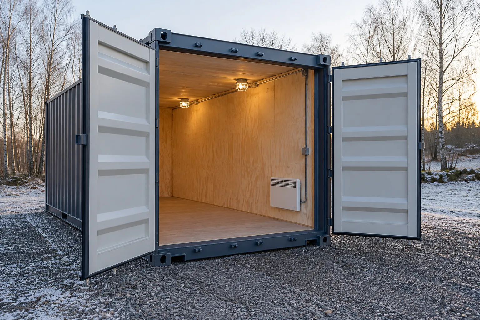 Open insulated shipping container for sale for winter storage with plywood lining and heater