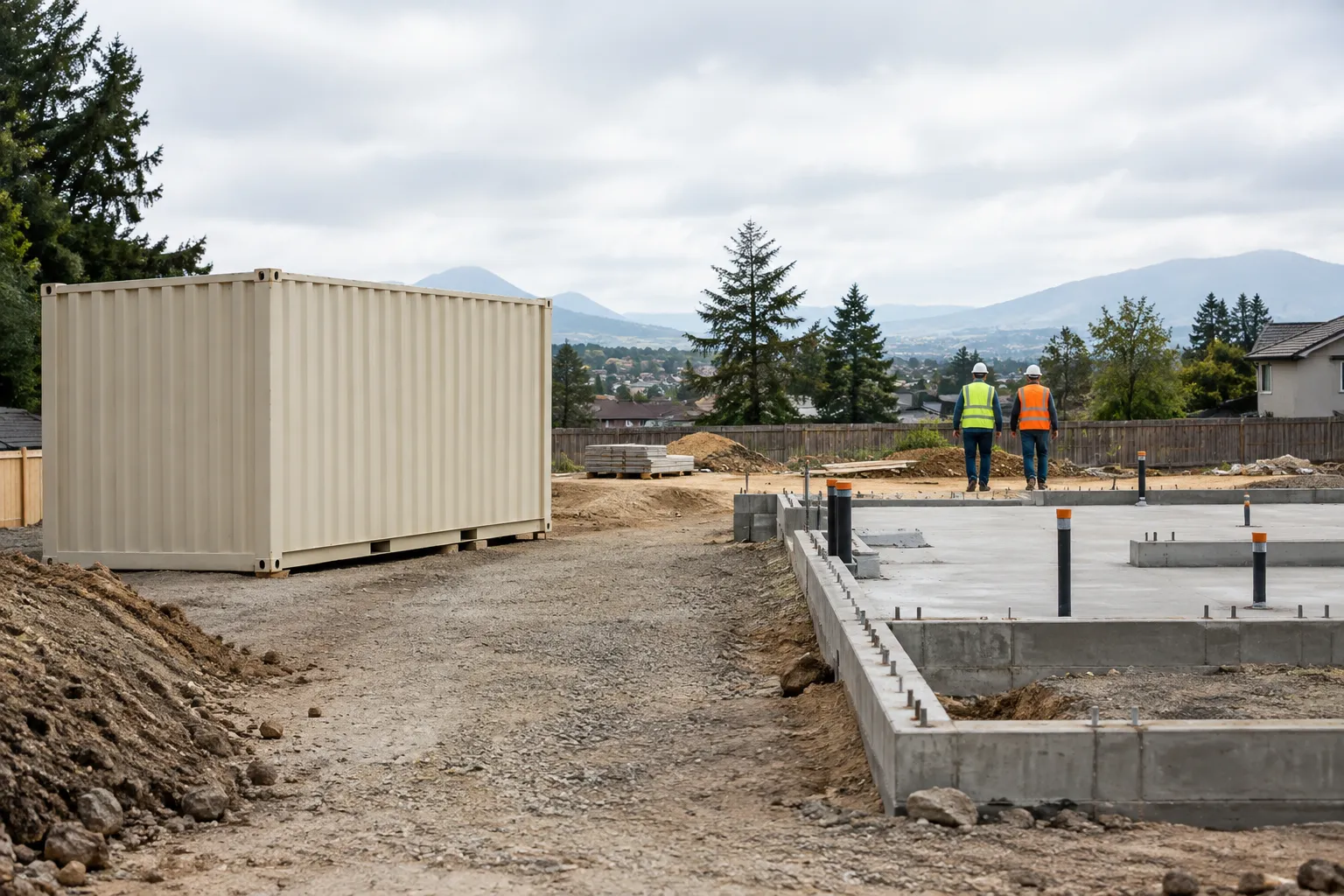 Container ADU installation site showing foundation edges and utility connection work awaiting completion