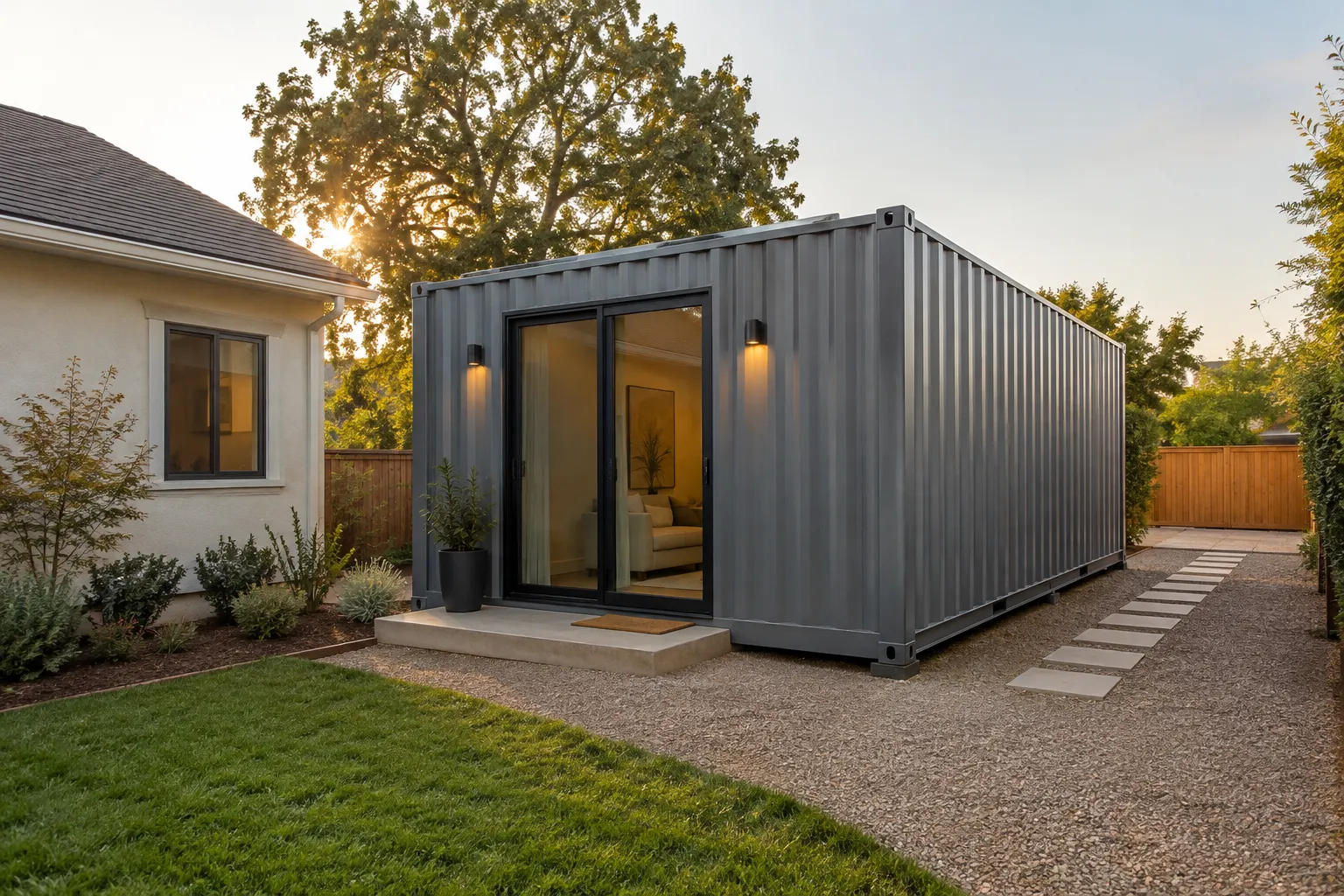 Prefab shipping container ADU for sale California comparison featuring a backyard steel dwelling