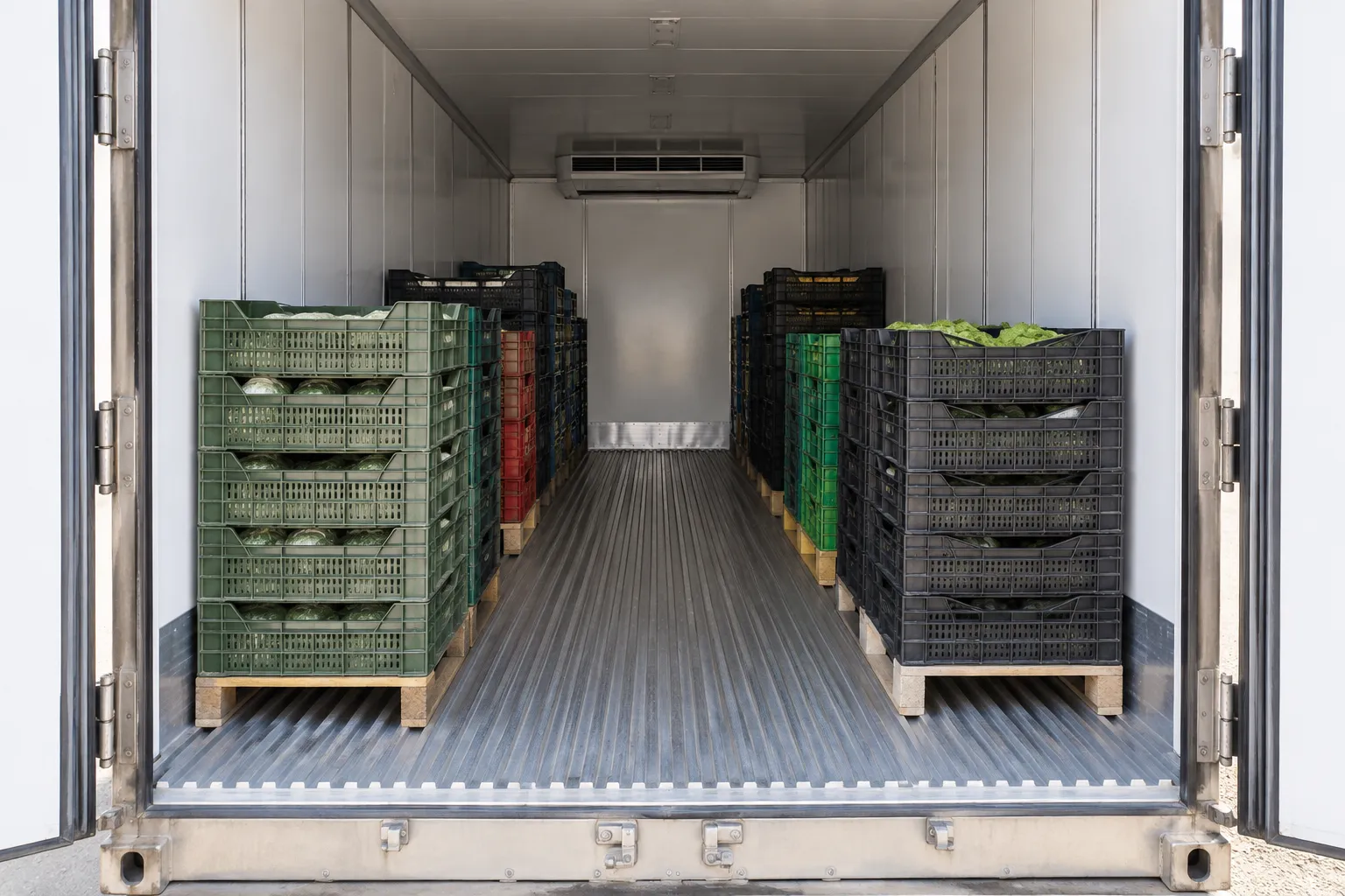 Refrigerated shipping container interior with food crates, airflow clearances, and a central aisle.