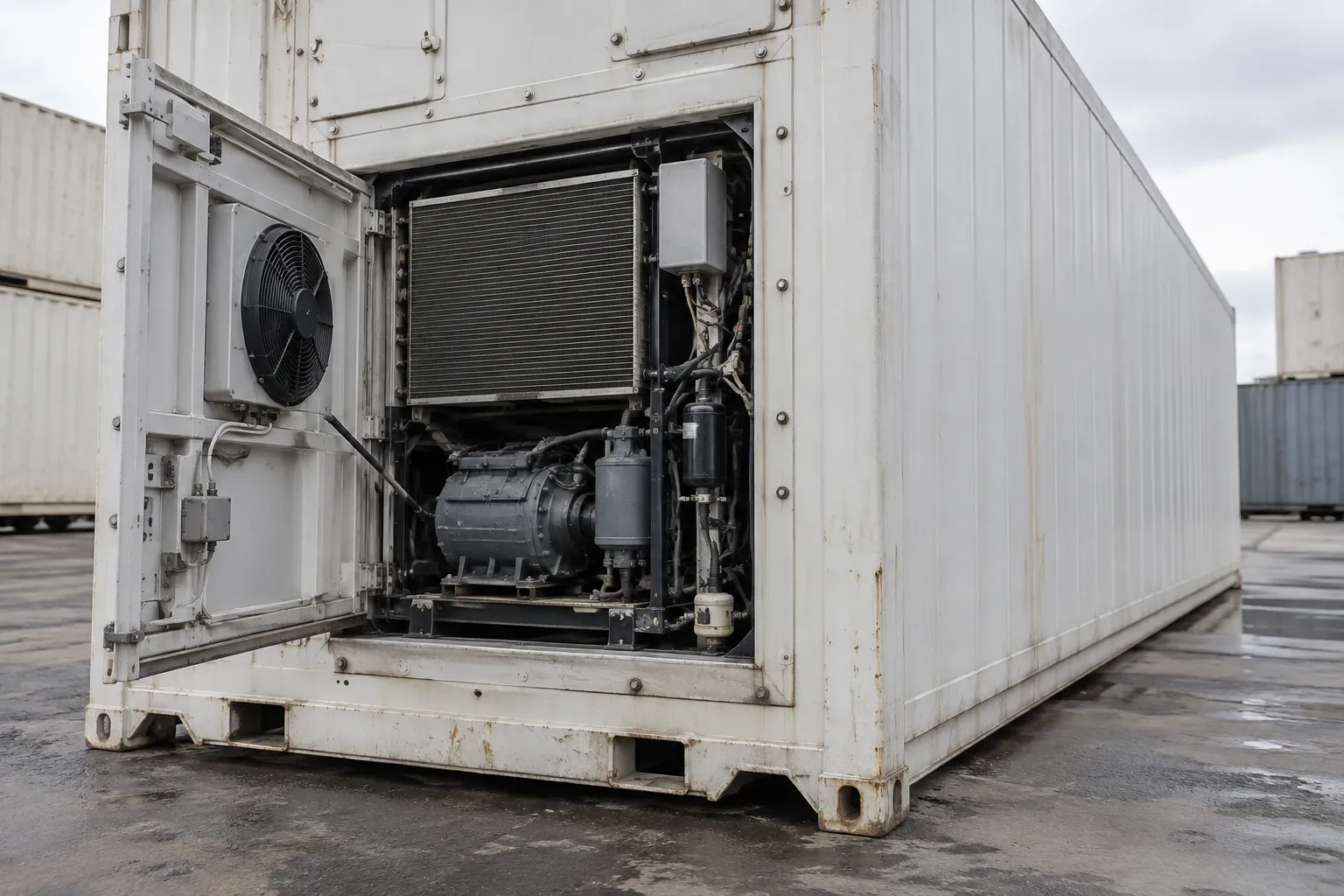Used reefer container refrigeration compartment opened for inspection of coils and mechanical components.