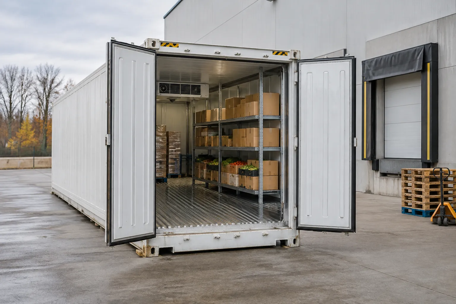 Refrigerated shipping container for sale for food storage beside a grocery receiving area