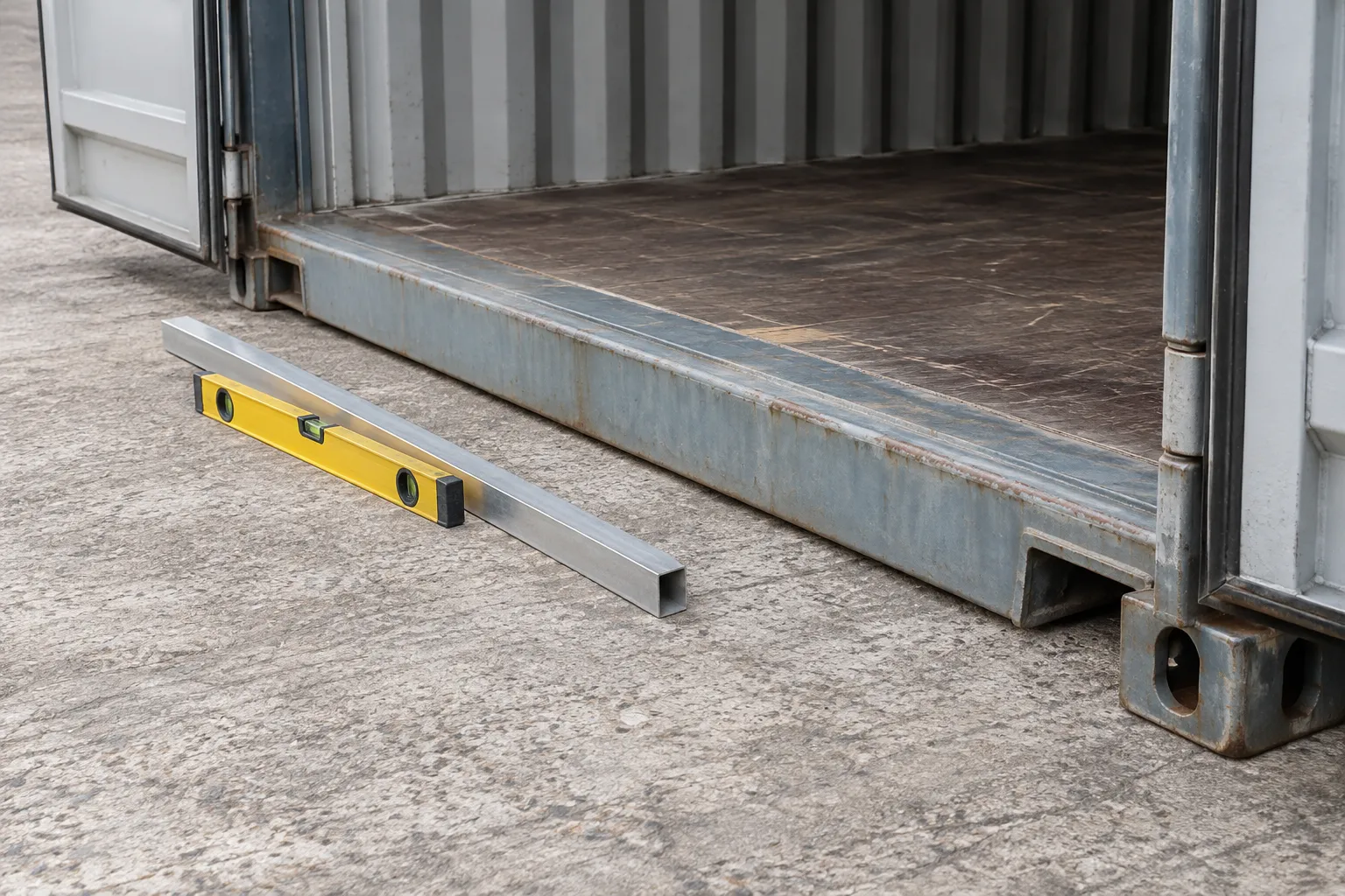Shipping container threshold ramp measurement area showing sill height and concrete approach