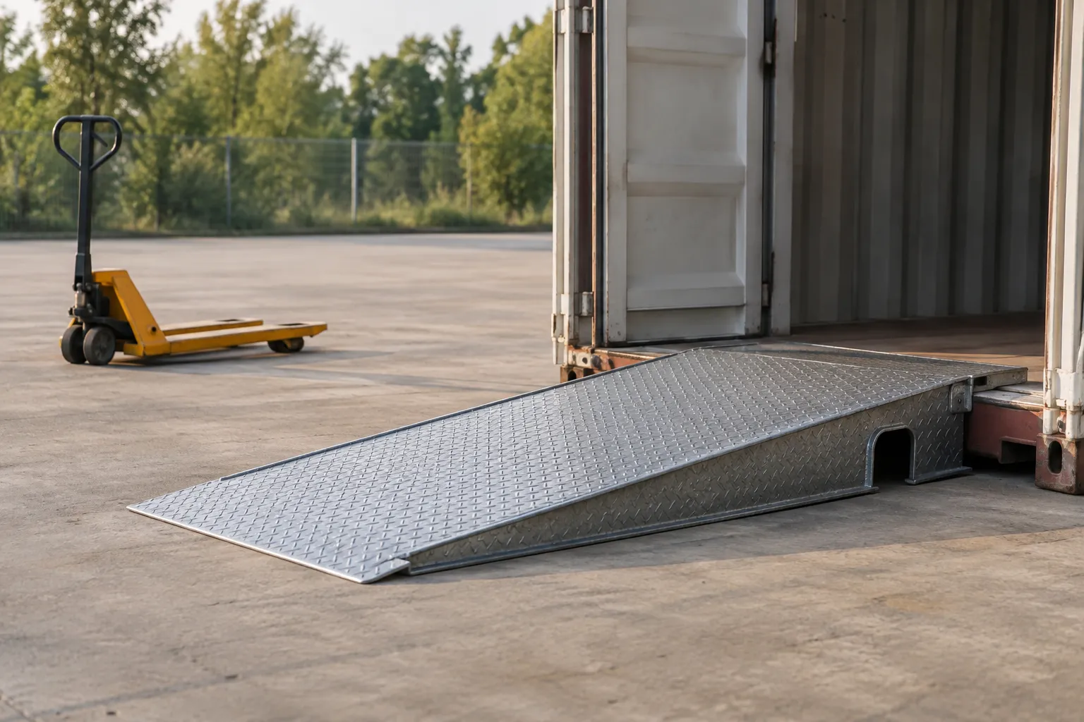 Shipping container loading ramp side profile showing bottom transition and upper bearing lip