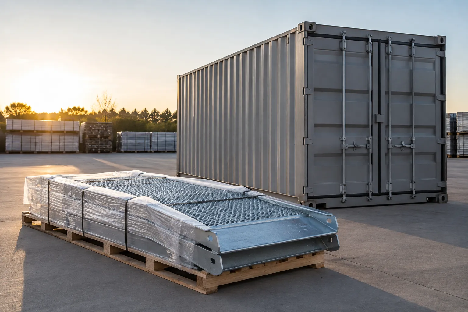 Removable container ramp packaged separately for standard freight beside a plain storage container