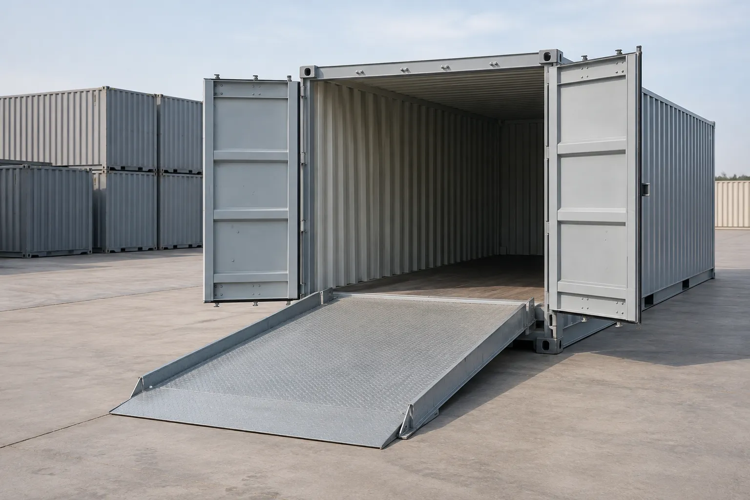 Shipping container forklift ramp for sale shown at an open gray container entrance