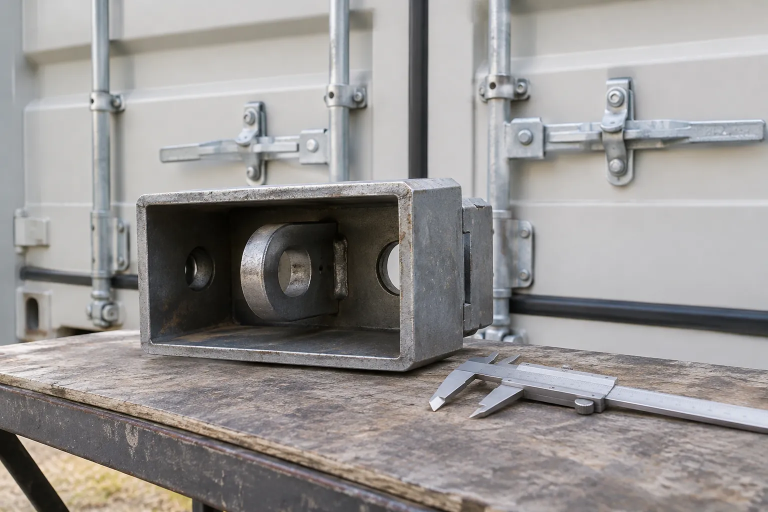 Container lock box interior showing locking eye and space for padlock measurements